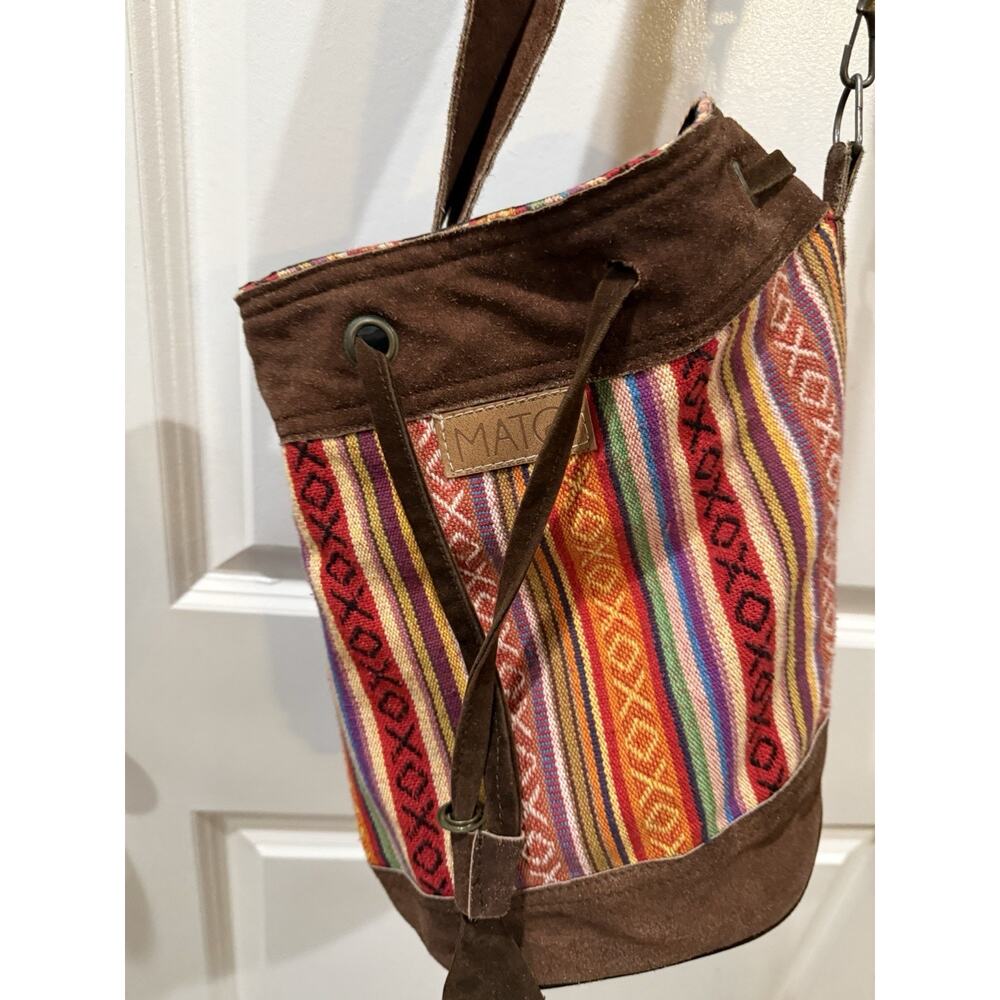 Boho Woven Bucket Bag Leather Trim Drawstring Crossbody Southwest Stripe